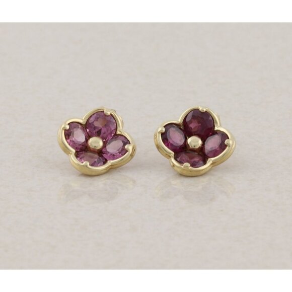 Unbranded Jewelry - 14k Yellow Gold Natural Rhodolite Garnet Flower Earrings Stud Post 3/8" inch